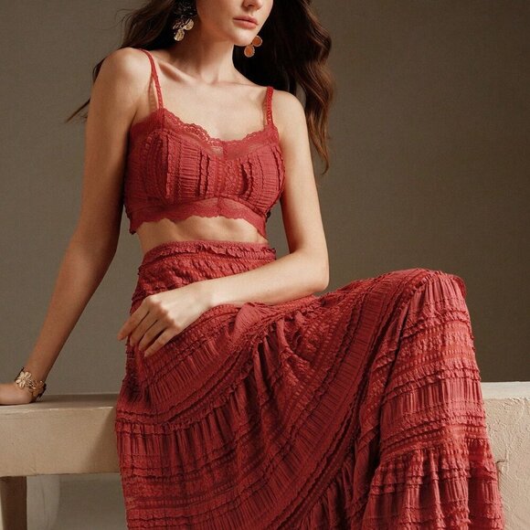 Red Elegant Women's Lace Camisole And Extra Long Skirt set - Picture 7 of 7